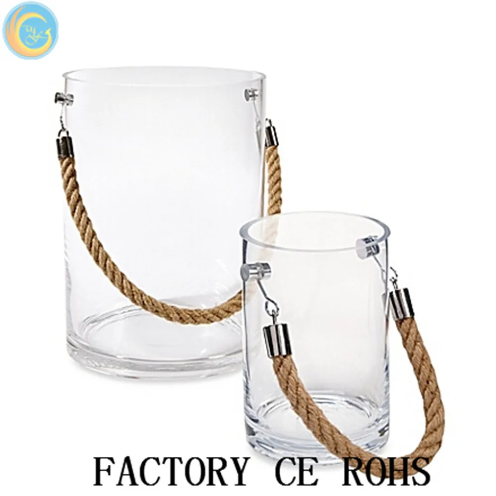 Clear Glass Candle Holder with Rope Handle / Glass Vase / Hanging Glass