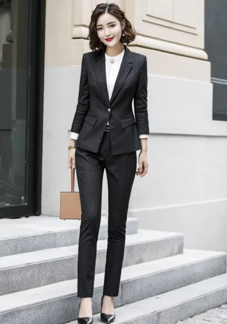 Black coat and pants Женский костюм с юбкой, осень, в полоску, модный,, для интервью, длинный рукав, блейзер и юбка, офисная, для девушек, бизнес, рабочая одежда - Цвет: Black coat and pants