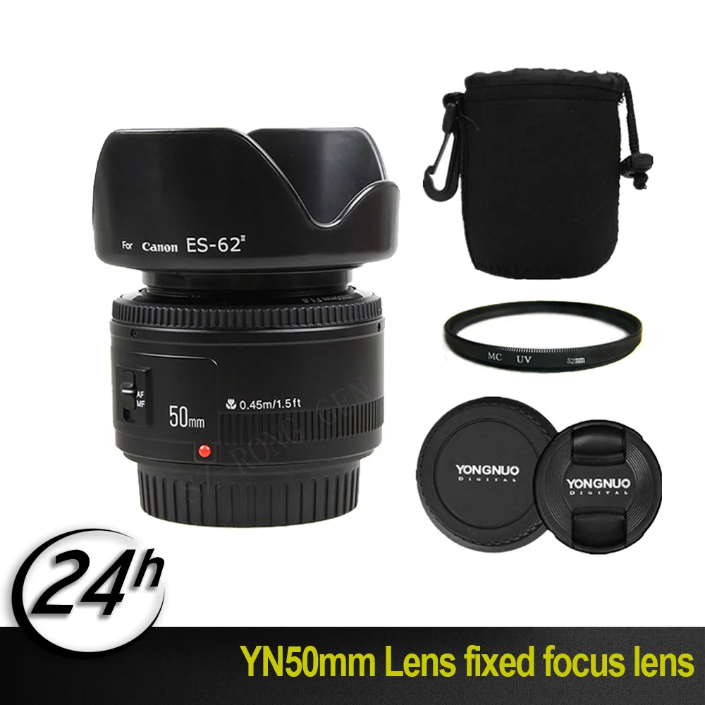 

Authentic YN50mm Lens fixed focus lens EF 50mm F/1.8 AF/MF lense Large Aperture Auto Focus Lens+52MVUV+Hood For Canon DSLR Camer