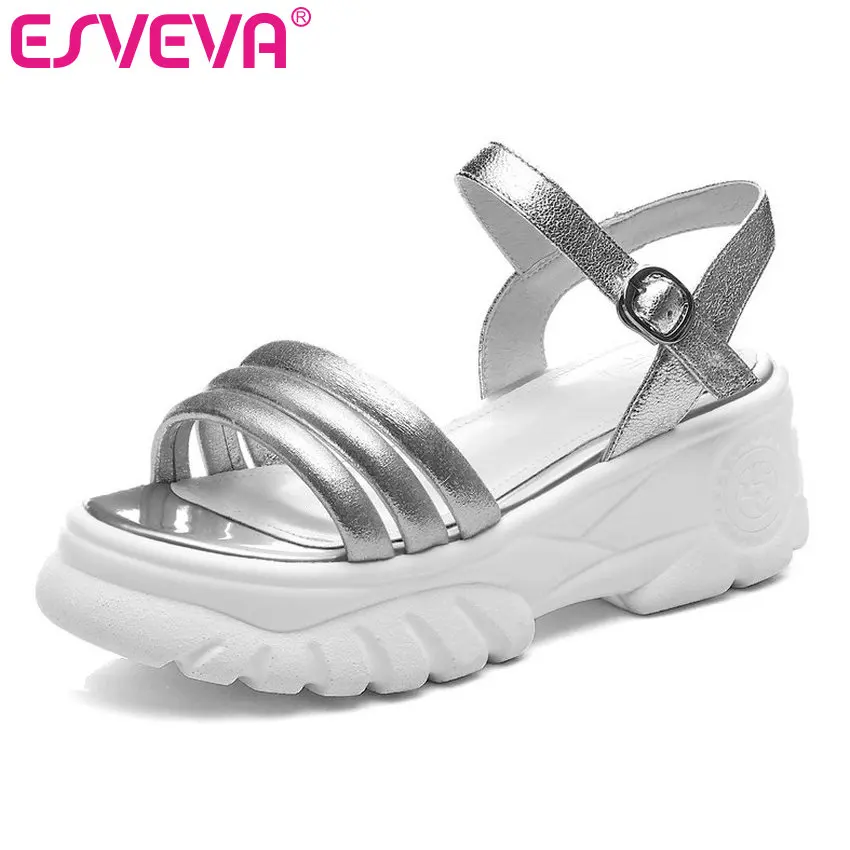 

ESVEVA 2019 Women Sandals Wedge Med Heel Sheepskin Round Toe Ankle Strap Slingback Soft Leisure Fashion Ladies Shoes Size 34-42