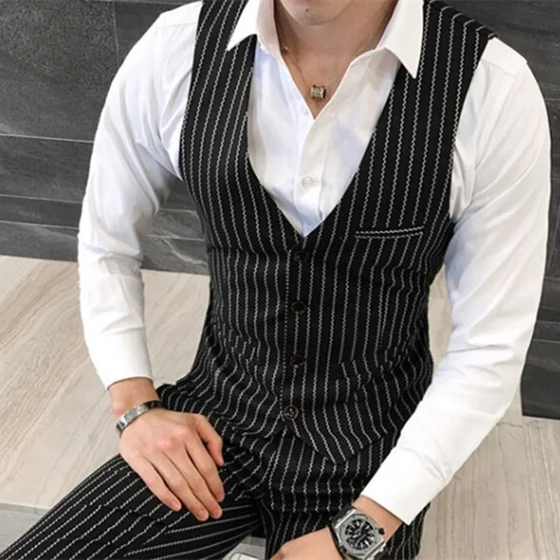 3 Pieces ( Jacket + Vest +Pants) Mens Double-breasted Suit Fashion Striped Groom Wedding Tuxedo for Men Casual Business Suit