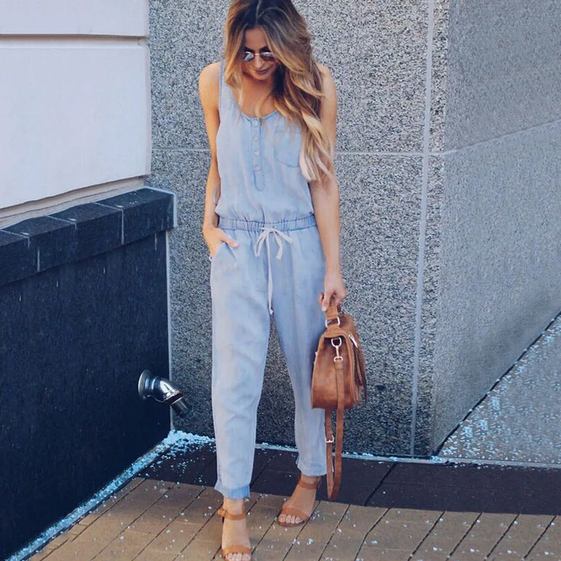 

Women Lady Denim Jumpsuit Rompers Loose Sleeveless Elastic Waist for Summer Beach HSJ88