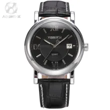AGENTX Silver Steel Case Black Reloje Masculino Auto Date Display Quartz Analog Leather Strap Men Dress Wrist Watch /AGX017
