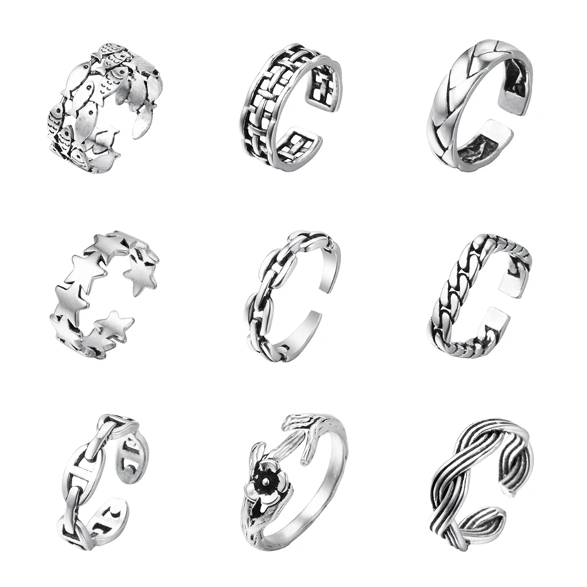 

Cxwind Retro Men's Multi-Row Square Ring Hollow Square Cuban chain Fish Star Rings for Women Open Jewelry Wedding anillos