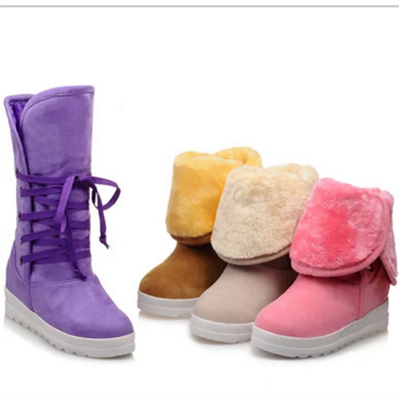 Cute Warm Winter Fur Snow Boots For Women Plus Size 34-43 Flock Fashion Short Lace-Up Booty Platform Heel Botas Femininas 2018