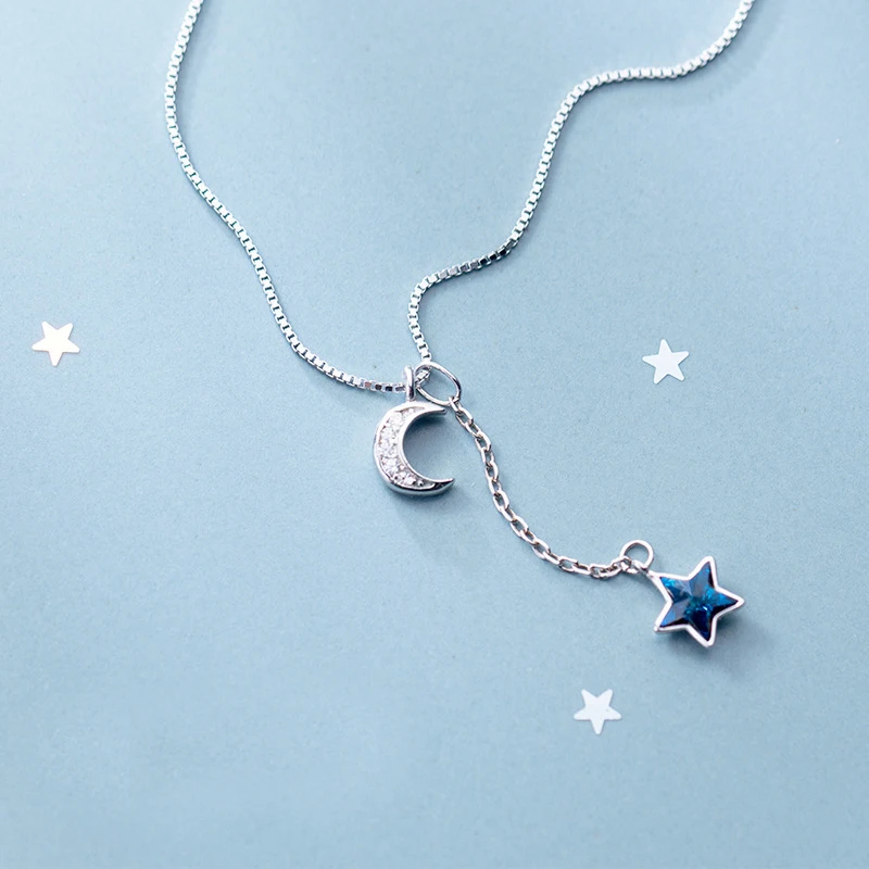 

MloveAcc 100% 925 Sterling Real Silver Box Chain Choker for Women Blue Star & Moon Charms Pendant Necklace