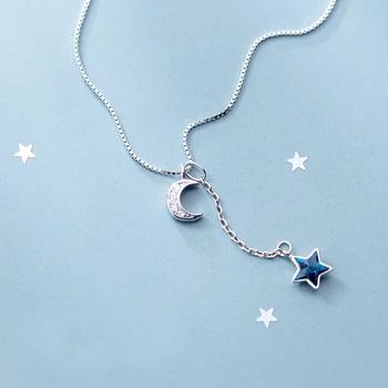 MloveAcc 100% 925 Sterling Real Silver Box Chain Choker for Women Blue Star & Moon Charms Pendant Necklace