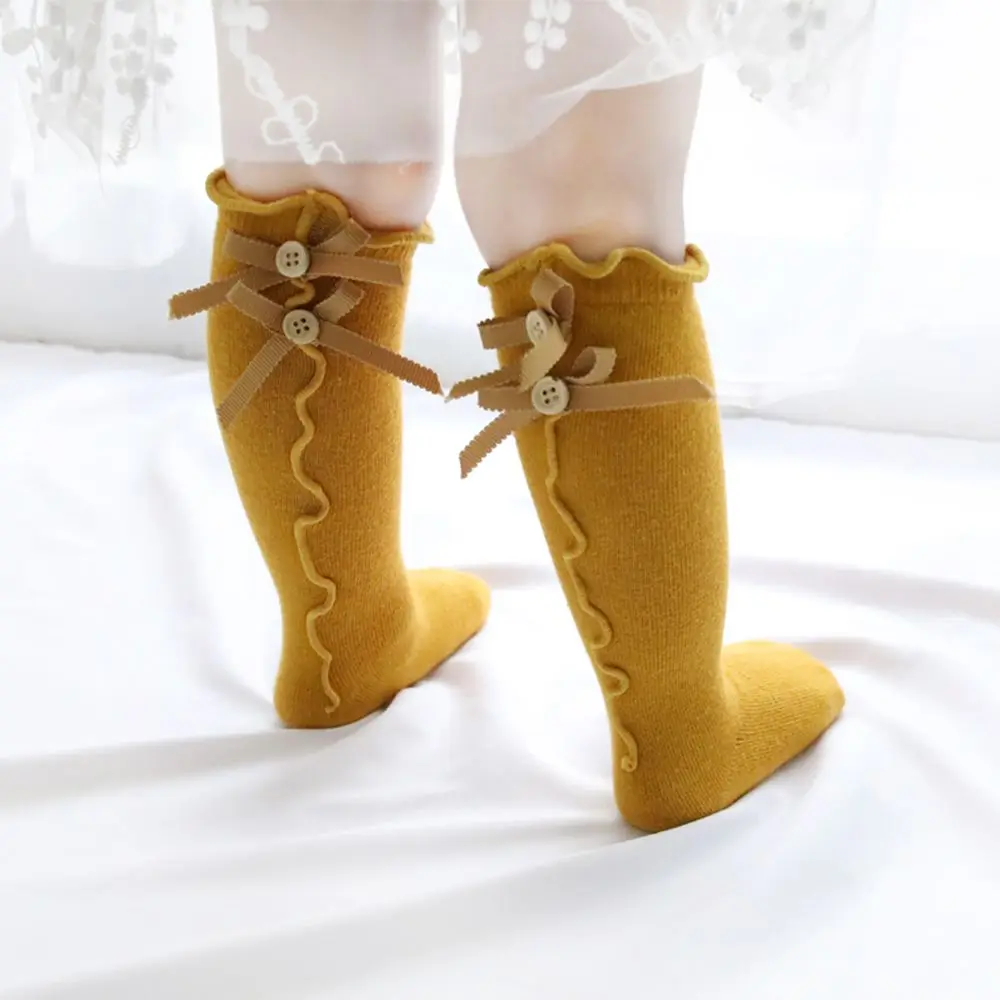 yellow 1 пара, Хлопковые гольфы для девочек, длинные носки для малышей с бантиками, Гольфы с оборками детские мягкие носки принцессы - Цвет: yellow
