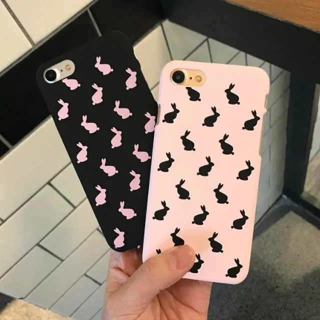 

Hard pc case for iphone8 6s 7plus shell phone bag black pink brief half wrapped case Cut Rabbit Printed Phone Back Cover