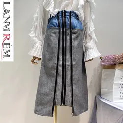 LANMREM 2019 Новая мода Джинсовая Лоскутная шерстяная молния украшения Высокая талия юбка для женщин Универсальные женские низ YG59502