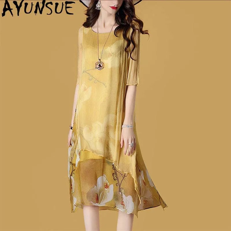 

AYUNSUE 2019 Summer Dress Women Beach Boho Silk Yellow Dress Casual Midi Fashion Party Ladies Dresses Vestido Mujer KJ1987