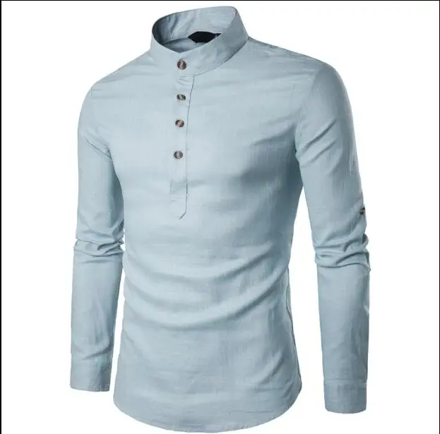 Весна-осень Для мужчин белье смешанный хлопок рубашка воротник-стойка дышащие удобные Традиционный китайский Стиль Popover - Цвет: light blue