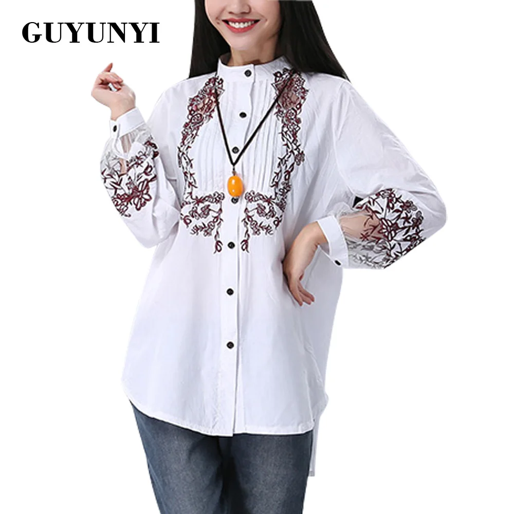 Guyunyi sweet floral embroidery shirts cotton white vintage totem retro Guyunyi sweet floral embroidery shirts cotton white vintage totem retro