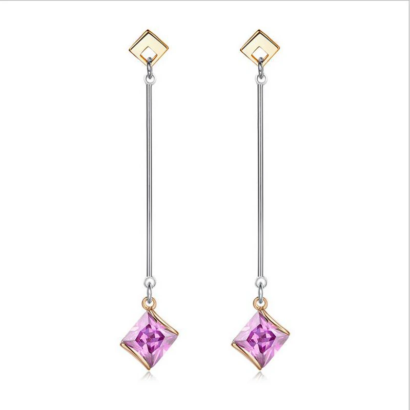 

Simple Style Square shaped Long Section Zircon Multicolor Colourful Morganite Rose Gold Color Dangle Earring M03-ERZ0738