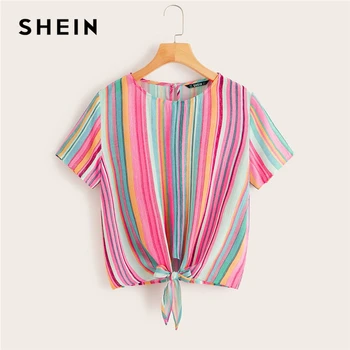 

SHEIN Colorful Striped Knotted Front Top Womens Tops and Blouses 2019 Casual Button Short Sleeve Summer Blouses