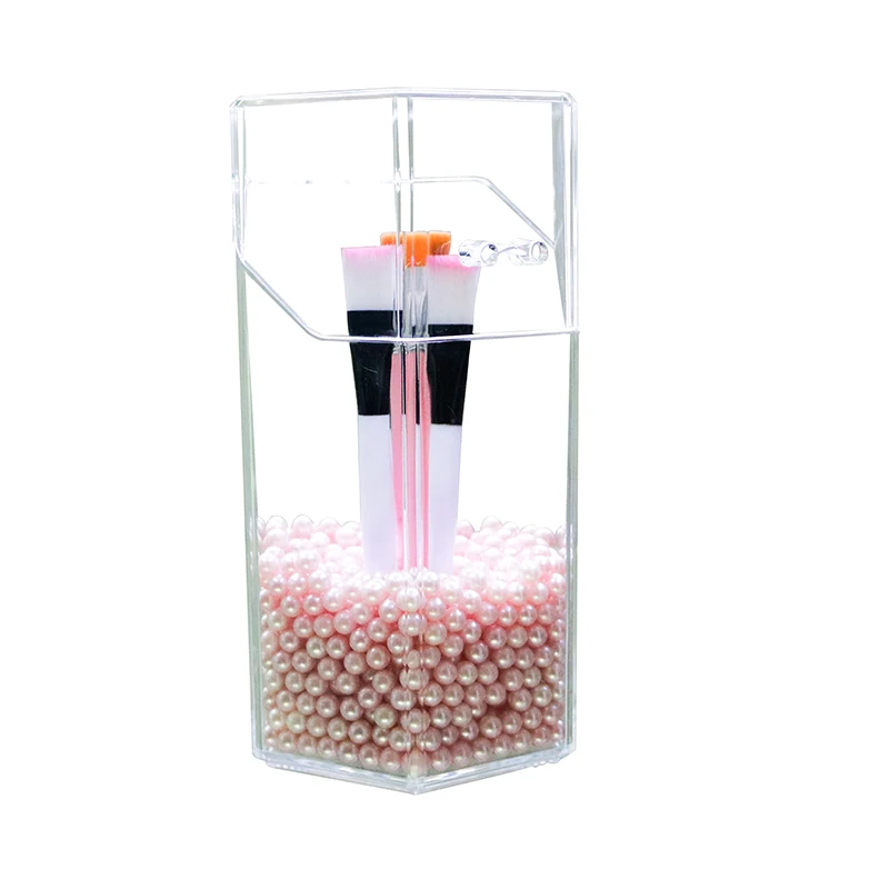 Transparent Makeup Brush Storage Box With Pink Pearls Cosmetic Brush Organizer Desk Storage Case Acrylic Brush Organizer Show