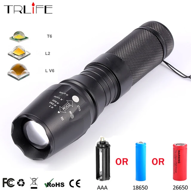 

10000 Lumens LED Flashlight V6 L2 T6 Zoom Flash light Super bright Troch for Camping adventure night 18650 26650 LI-Ion battery