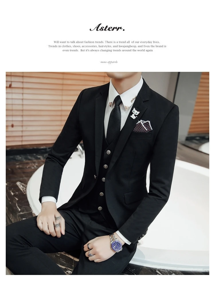 front+ Pants+ Vest) New Suit Male British Style Korean Slim Suit Business Casual Suit Three-piece Groom Groom's Group Dress