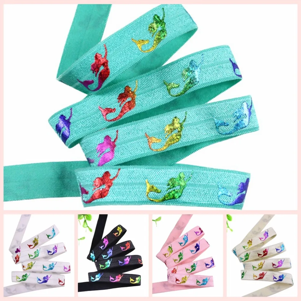 

5/8" holographic rainbow laser foil mermaid FOE fold over elastic welcome custom printed