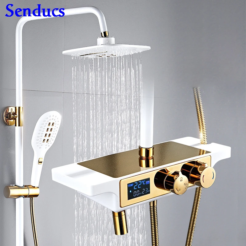 B1-hot-cold Senducs цифровая для душевой набор горячей холодной ванной Душевой кран качественный медный смеситель для ванны кран роскошный черный золотой ванная душевая система - Цвет: B1-hot-cold
