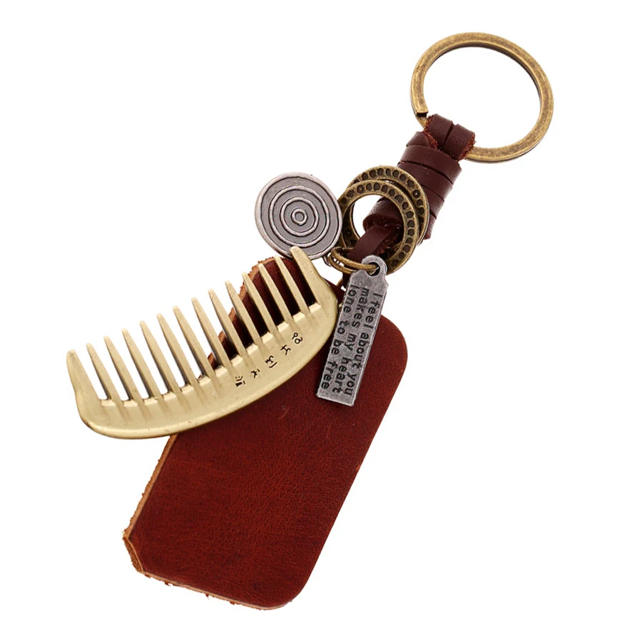 High Quality Comb Keychain Genuine Leather Car Key Chain Holder Creative Charm Women Bag Punk