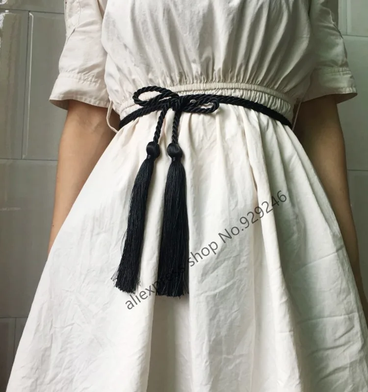 

1pc/lot 185cm black cord tassel belt rope thin fringe belt fashion coat waistband clothing decorative cord home textile rope