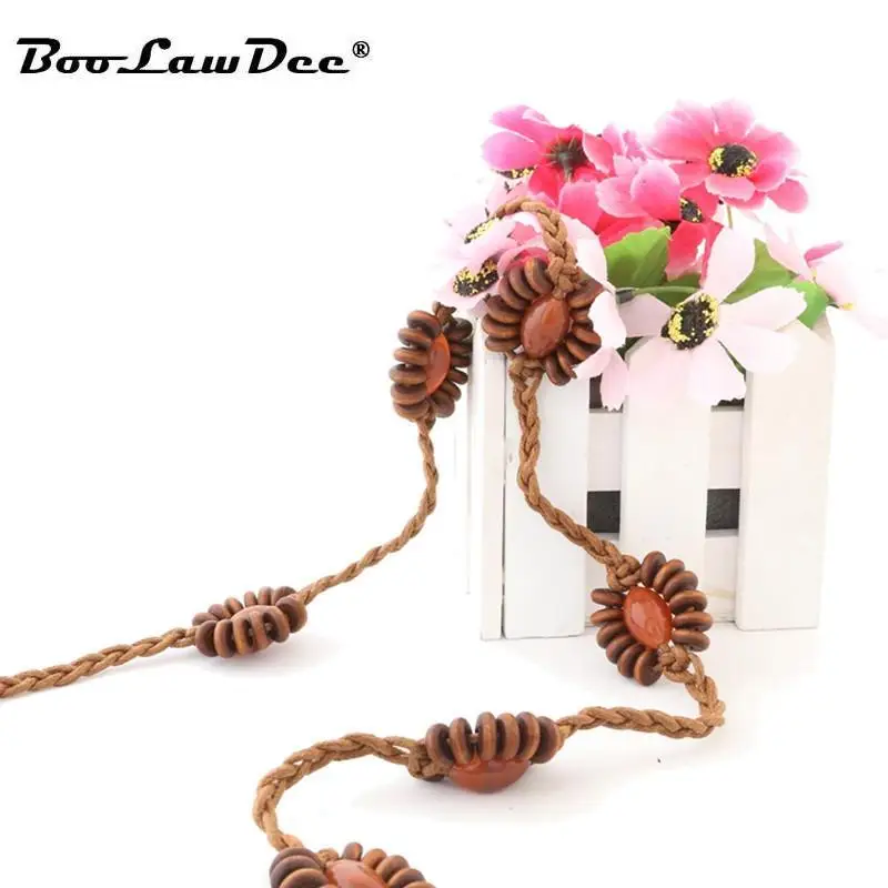 

BooLawDee women woven knot retro belt wooden beads vintage cord waistband Bohemian style 3.3cm width 165-175cm length Y814