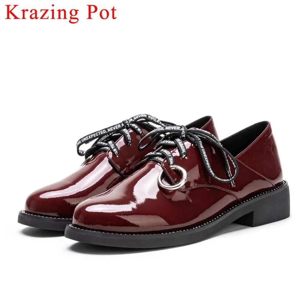 

2019 genuine leather chunky low heels lace up retro vintage brogue shoes round toe British style dating party leisure pumps L1f2