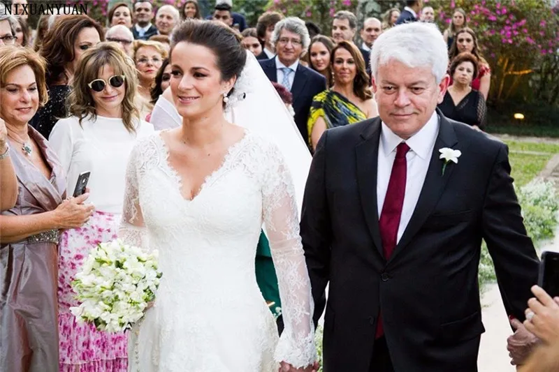 Роскошные Vestido De Casamento с длинным рукавом Кружева Аппликации v-образным вырезом платье невесты до пола свадебное платье индивидуальный заказ