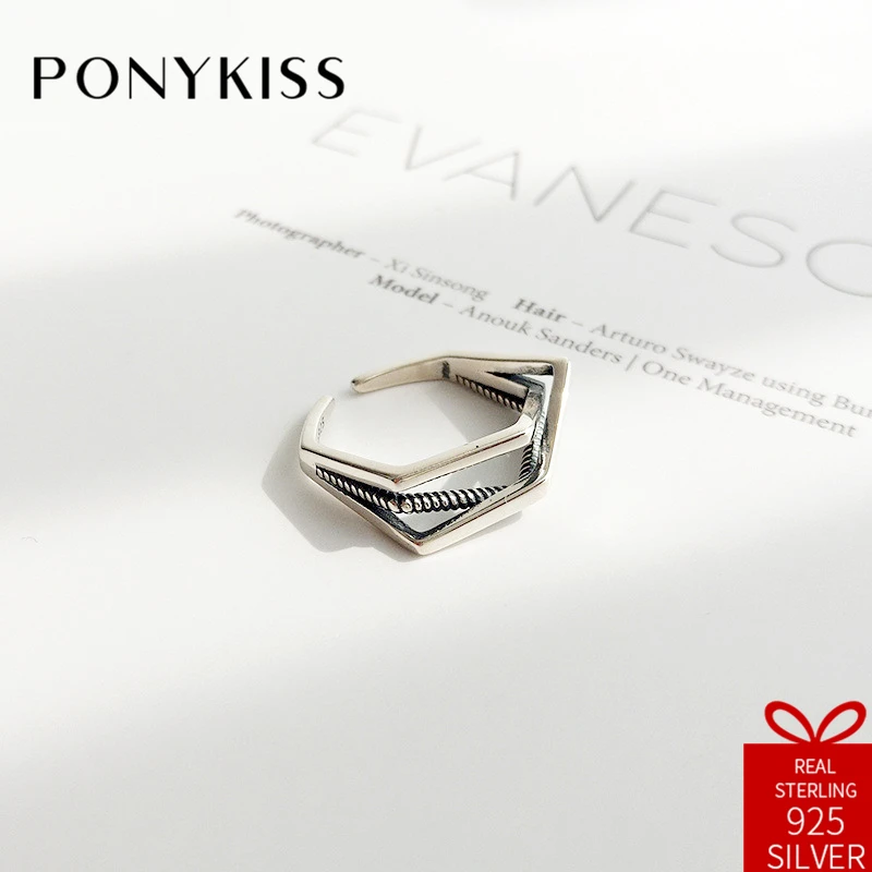 

PONYKISS Trendy 100% 925 Sterling Silver Resizable Opening Rhombus Weave Ring Fine Jewelry Women Engagement Creative Gift