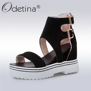 

Odetina New Fashion High Tops Sandals Women Summer Buckle Open Toe Wedges High Heels Zipper Platform Shoes Plus Size 34-43