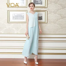 VOA 2017 Summer Fashion Light Green Silk Women Maxi Dress Sleeveless V-neck Plus Size Brief Casual A-line Beach Dress A6985