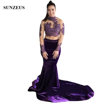 

Sequins Purple Appliques Crop Top Prom Dresses With Long Sleeves Mermaid Velvet Party Gowns Sweep Train Sexy Robe