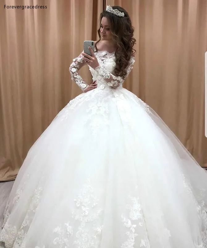 

2019 Princess Wedding Dress Lace Appliques Long Sleeves Church Formal Bride Bridal Gown Plus Size Custom Made