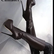 Женские сапоги до колена из натуральной кожи; коллекция года; пикантные Вечерние туфли на высоком тонком каблуке 16 см; женская обувь на толстой платформе с боковой молнией