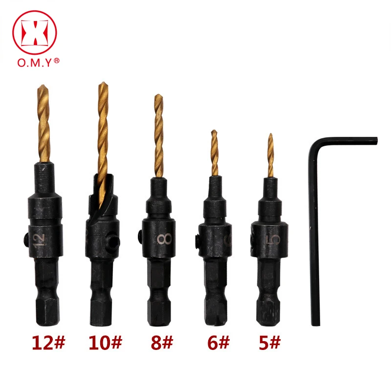 OMY 5 шт. Зенковка сверло Деревообработка сверло набор бурения пилота отверстия для винтовых размеров#5#6#8#10#12 - Color: Gold
