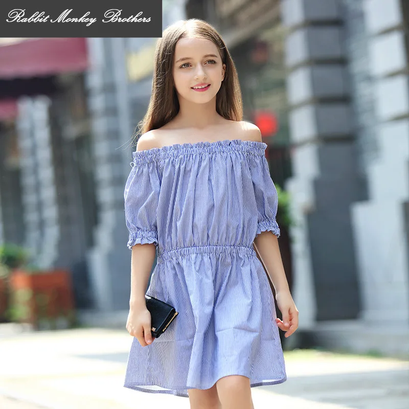 RMBkidsTeenGirlsSummerDressGirlsStripedStraplessBoatneck