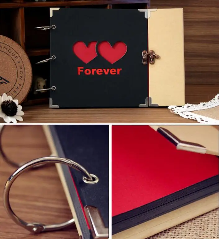 10 Inch DIY handmade Hollow Love Album 30 black sheets 3 rings photo album baby growing family record Lock albums Children Gift