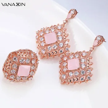 

VANAXIN Women Pink&Clear Crystal Jewelry Set Gold Rose Engagement Rings&Earrings Set for Women Fashion Jewellery Set Female Gift