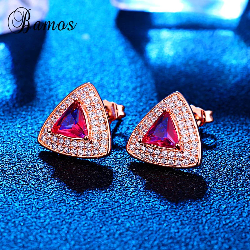 Bamos Роскошные треугольные серьги-гвоздики серьги для женщин однотонный цвет розовое золото красный и белый ААА Цирконий серьги из камня подарки влюбленным HE087
