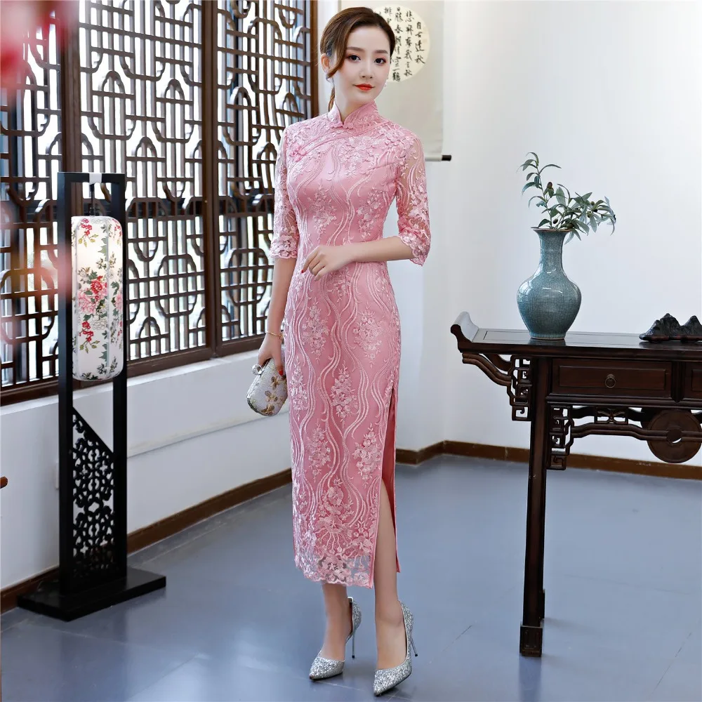 Шанхай история Половина рукава цветок вышивка Cheongsam платья Длинные Красные кружевные Qipao для Для женщин Традиционный китайский свадебное