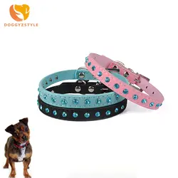 Регулируемая Роскошные Bling голубой горный хрусталь Diamond Pet ошейники для собак и кошек искусственная кожа Pet ремешок для собаки ожерелье с