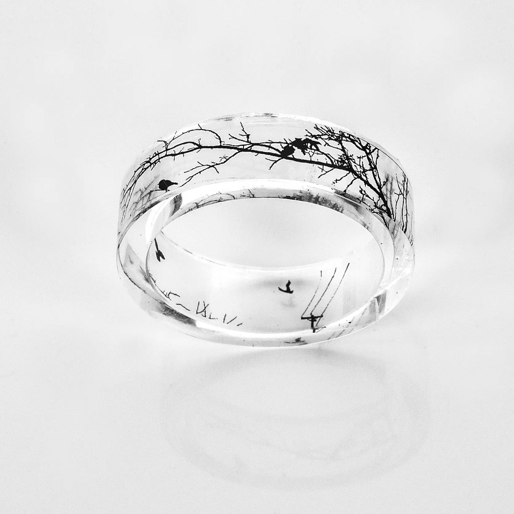 Transparent Resin Ring Tree And Birds Ink Painting Scenery Inside Epoxy Rings Women Finger Punk Jewelry
