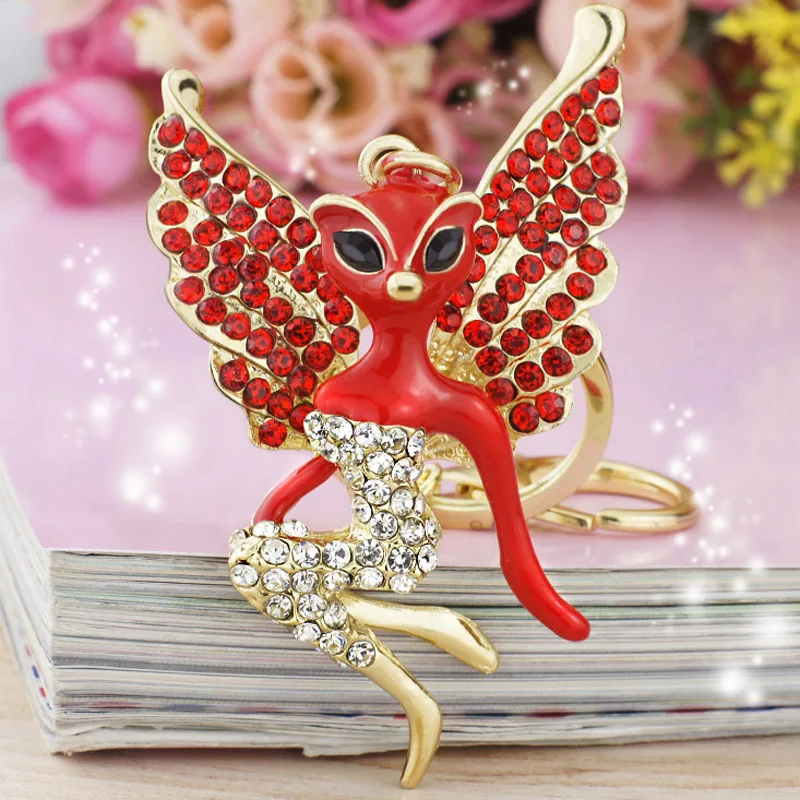 Dormon Женщина-Кошка Фокс Красной Эмалью Кристалл Крылья bag Подвеска Key Holder секс Cat брелок для ключей для автомобиля DK172