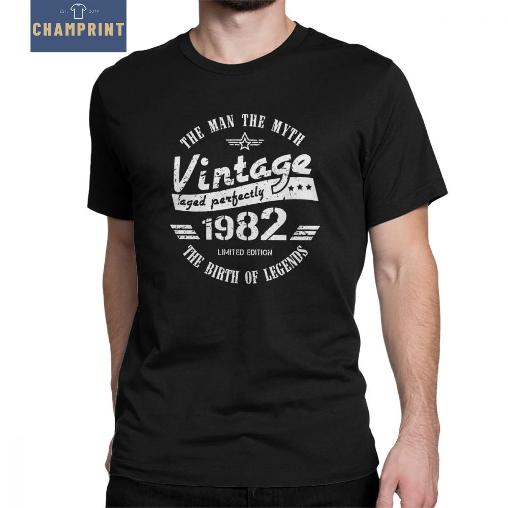 

Man Anniversary T-Shirt Vintage 1982 37th Birthday T Shirts Gift For Men Unique Short Sleeves Tops 100% Cotton Tees Grey