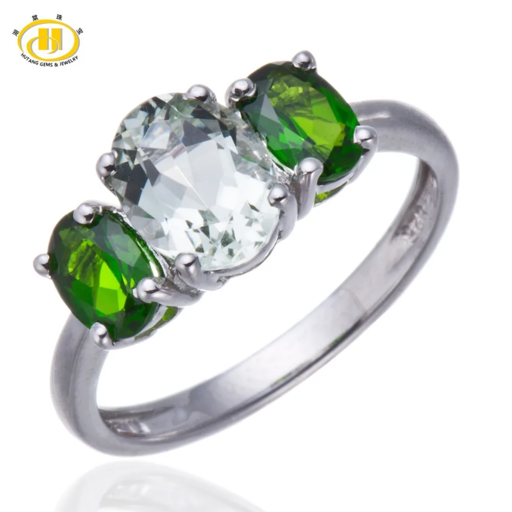 

Hutang 3-stone Natural Green Amethyst & Chrome Diopside Solid 925 Sterling Silver Ring Fine Jewelry HuTang