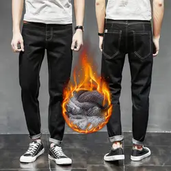 2018 Зимние Горячие и бархатные утолщение мужские джинсовые черные шаровары c принтом зимние толстые теплые джинсовые брюки больше размера