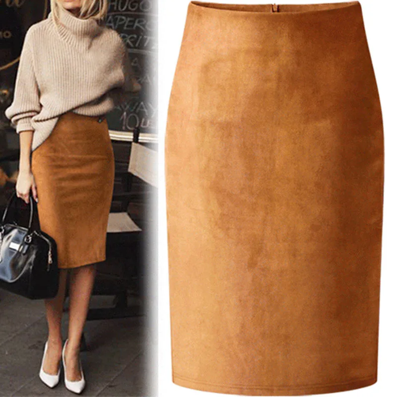 Sexy Multi couleur daim Midi jupe crayon femmes 2018 mode élastique taille haute bureau dame moulante jupes Saias