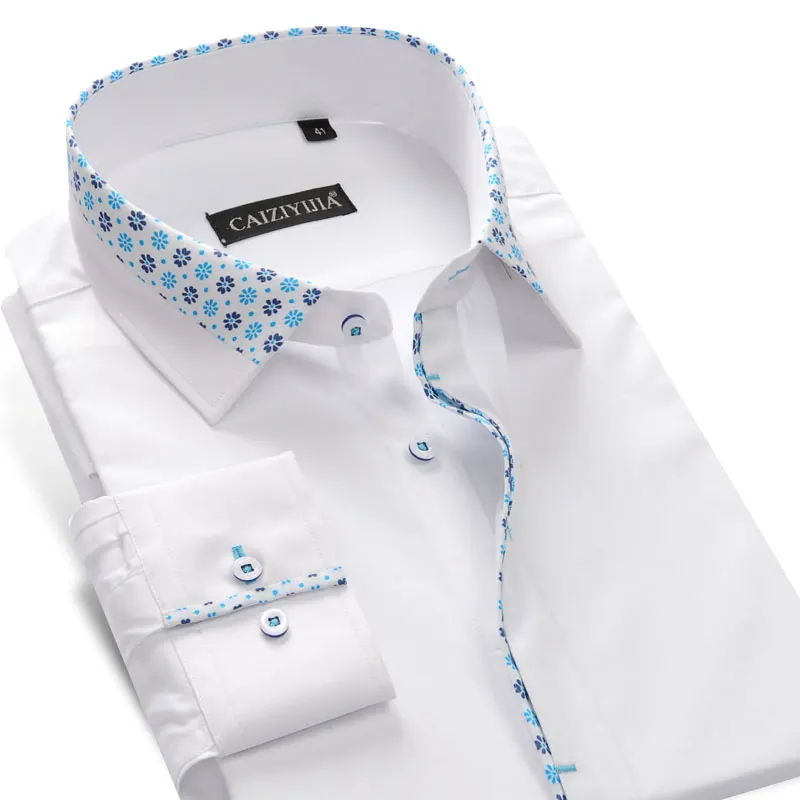 100% хлопок Slim Fit с длинным рукавом Для мужчин s Бизнес Повседневная рубашка печатных воротник Для мужчин белая рубашка Топы Прямая доставка