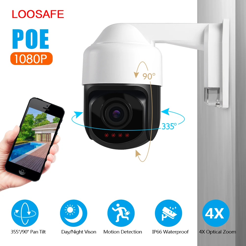 

Loosafe 4X Zoom POE IP Camera Outdoor Camera Full HD 1080P PTZ Speed Dome IP Camera CCTV Security Video ONVIF IR 30M